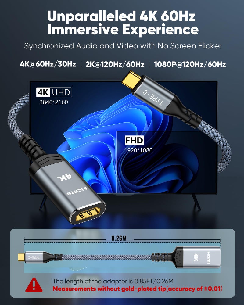 Highwings محول USB C إلى HDMI من Highwings (4K@60Hz)، محول كابل USB Type C إلى HDMI [سرعة عالية، Thunderbolt 3/4 منافذ]، متوافق مع iPhone 15/16 Pro/Max، MacBook Pro/Air، iPad، iMac والمزيد - Image 4